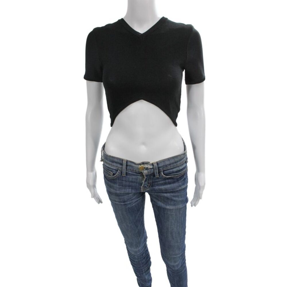 Opening Ceremony Women Cropped V-Neck Black Short Sleeve T-Shirt Size S